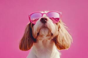 A dog wearing pink sunglasses on a pink background photo
