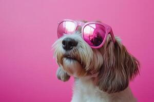 A dog wearing pink sunglasses on a pink background photo