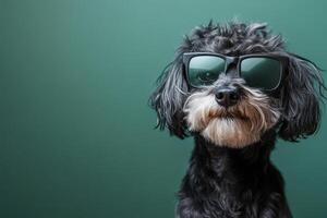 A black dog wearing sunglasses on a green background photo
