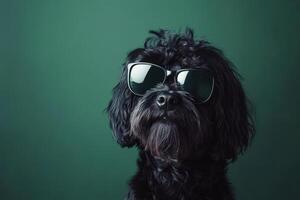 Portrait of a cute black dog wearing sunglasses on a green background photo