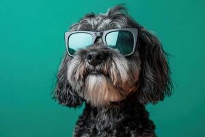 A dog wearing sunglasses on a green background photo