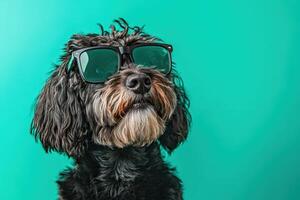 A dog wearing sunglasses on a green background photo