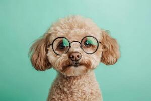 A poodle wearing glasses on a green background photo