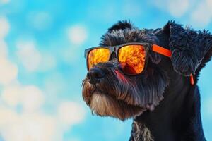 A black dog wearing sunglasses with a blue sky background photo
