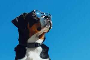 A dog wearing glasses and looking up at the sky photo