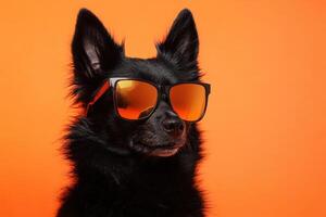 A black dog wearing sunglasses on an orange background photo