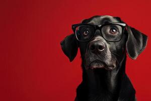 A black dog wearing glasses on a red background photo