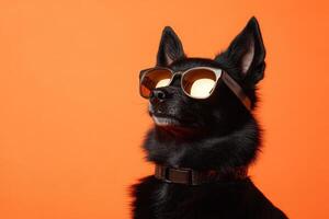 A black dog wearing sunglasses on an orange background photo