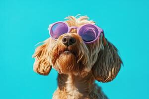 A dog wearing purple sunglasses on a blue background photo
