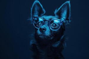A dog wearing glasses on a dark background photo