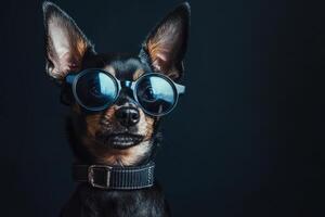 A dog wearing sunglasses on a black background photo