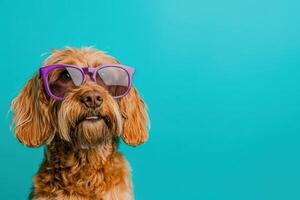A dog wearing purple sunglasses on a blue background photo