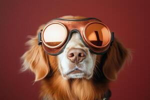 A dog wearing goggles on a red background photo