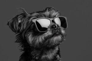 A black and white photo of a dog wearing sunglasses
