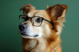 A dog wearing glasses on a green background photo