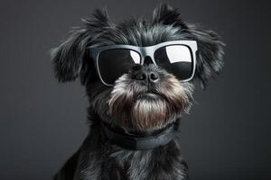 A black dog wearing sunglasses on a dark background photo
