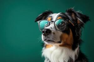 A dog wearing glasses on a green background photo