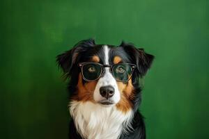 A dog wearing glasses on a green background photo