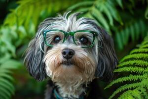 A dog wearing glasses in front of green plants photo