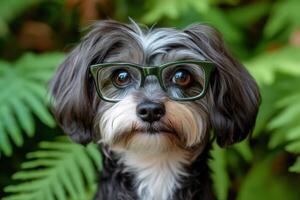 A dog wearing glasses in front of green plants photo