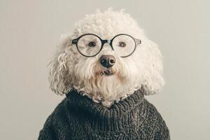 A white dog wearing glasses and a sweater photo