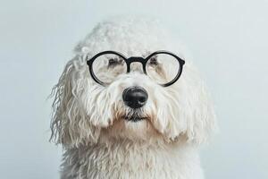 A white dog wearing glasses on a gray background photo