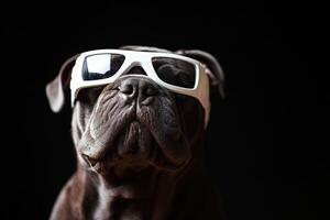 A dog wearing sunglasses on a black background photo