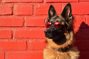 A german shepherd dog wearing red sunglasses photo