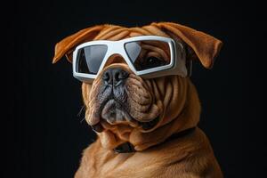 A dog wearing glasses on a black background photo