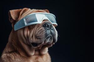 A dog wearing a pair of glasses on a black background photo