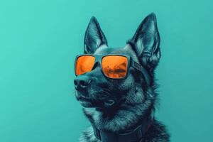 A dog wearing orange sunglasses on a turquoise background photo