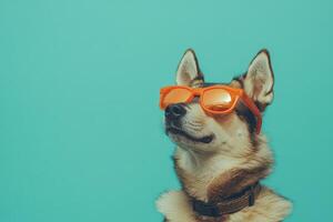 Dog wearing sunglasses on blue background photo