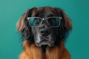 A dog wearing glasses on a green background photo