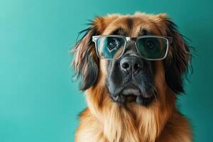 A dog wearing glasses on a green background photo