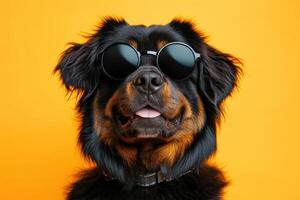 A dog wearing sunglasses on an orange background photo