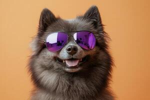 A dog wearing purple sunglasses on an orange background photo