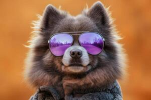 A dog wearing purple sunglasses photo