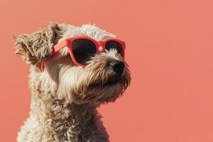 A dog wearing sunglasses on a pink background photo