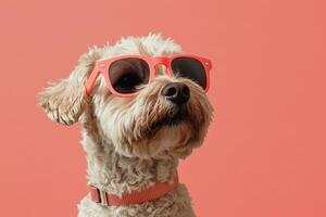 A dog wearing sunglasses on a pink background photo