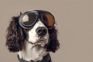 A dog wearing goggles on a brown background photo