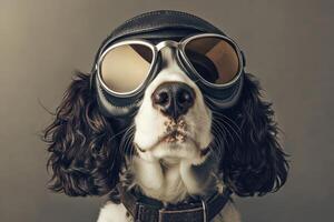 A dog wearing a leather jacket and goggles photo