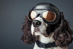 A dog wearing a pilot's hat and goggles photo
