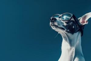 A dog wearing sunglasses and looking up photo