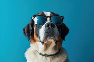 A dog wearing sunglasses on a blue background photo