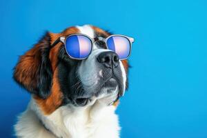 A dog wearing sunglasses on a blue background photo