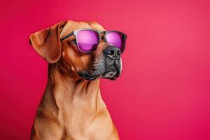A dog wearing pink sunglasses on a red background photo