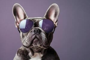 A dog wearing sunglasses on a purple background photo
