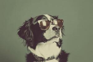 A dog wearing sunglasses on a green background photo