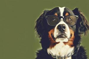 A dog wearing glasses on a green background photo