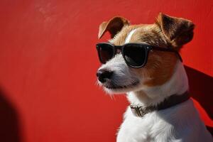 A dog wearing sunglasses against a red wall photo